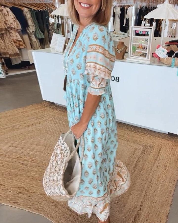 MANA | CHIC FLORAL MIDI DRESS WITH V-NECK