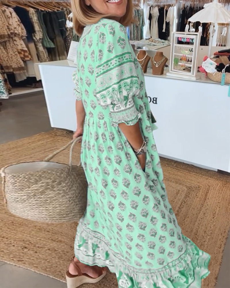 MANA | CHIC FLORAL MIDI DRESS WITH V-NECK