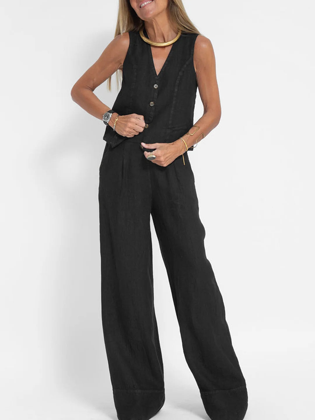 Aira - Buttoned Waistcoat & Wide Leg Trousers