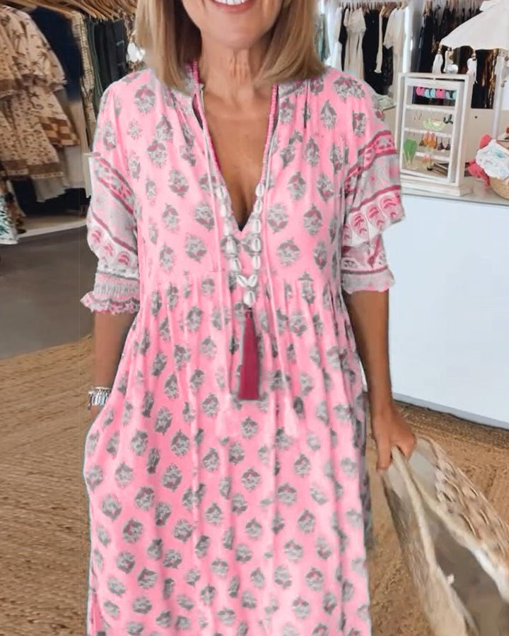 MANA | CHIC FLORAL MIDI DRESS WITH V-NECK