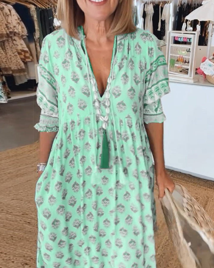 MANA | CHIC FLORAL MIDI DRESS WITH V-NECK