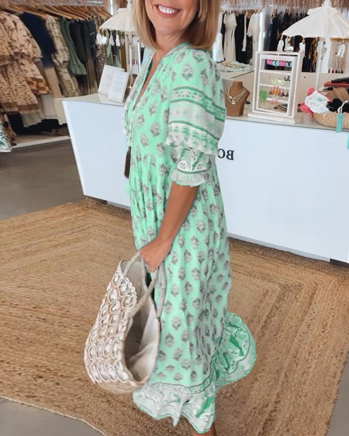 MANA | CHIC FLORAL MIDI DRESS WITH V-NECK
