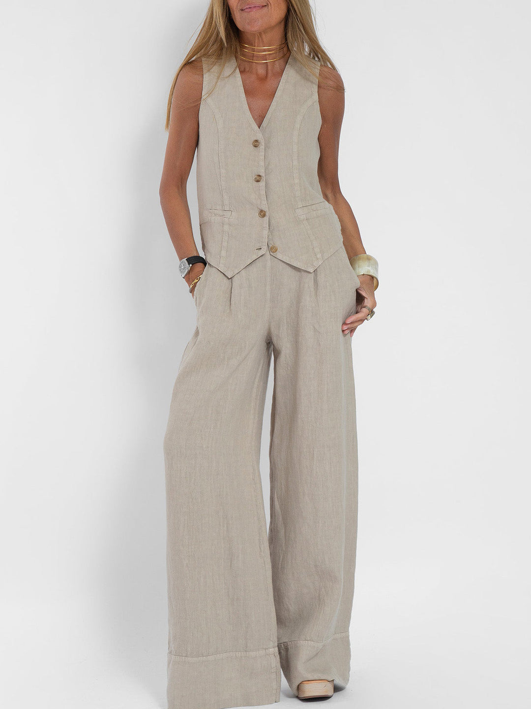 Aira - Buttoned Waistcoat & Wide Leg Trousers