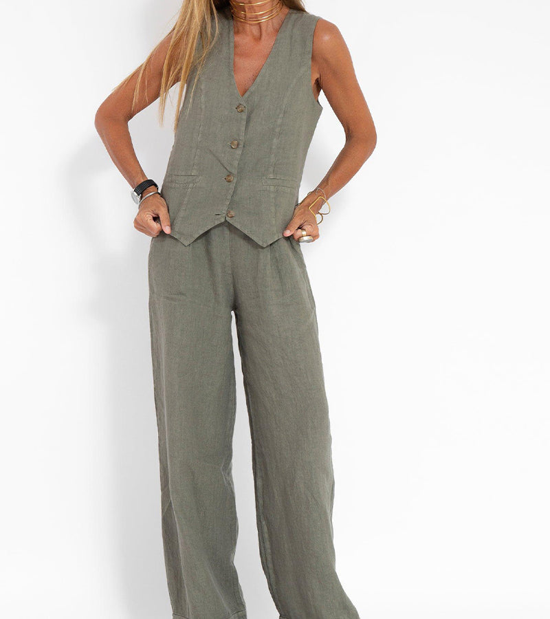 Aira - Buttoned Waistcoat & Wide Leg Trousers