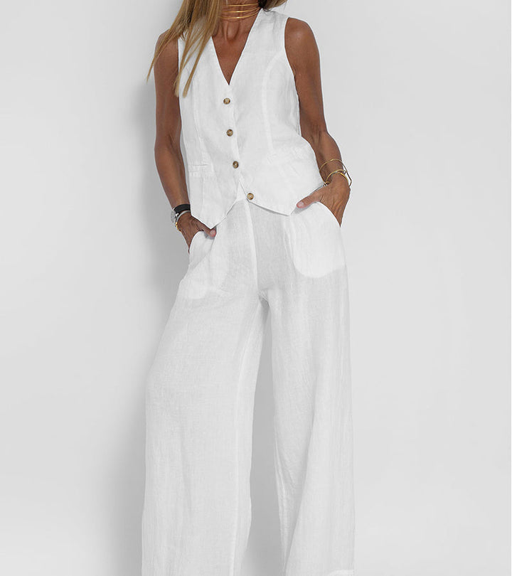 Aira - Buttoned Waistcoat & Wide Leg Trousers