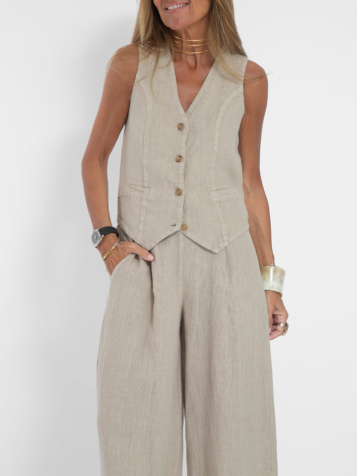 Aira - Buttoned Waistcoat & Wide Leg Trousers