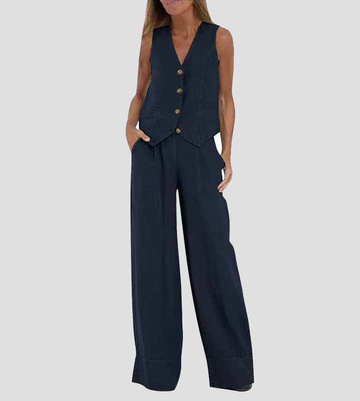 Aira - Buttoned Waistcoat & Wide Leg Trousers