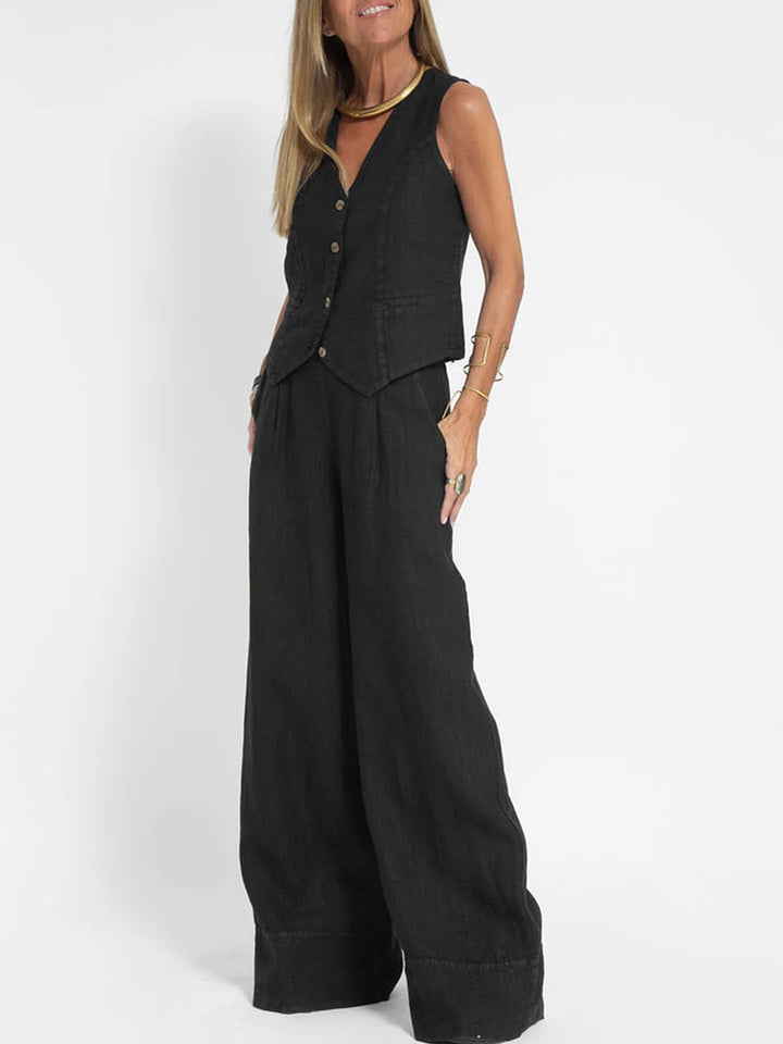 Aira - Buttoned Waistcoat & Wide Leg Trousers
