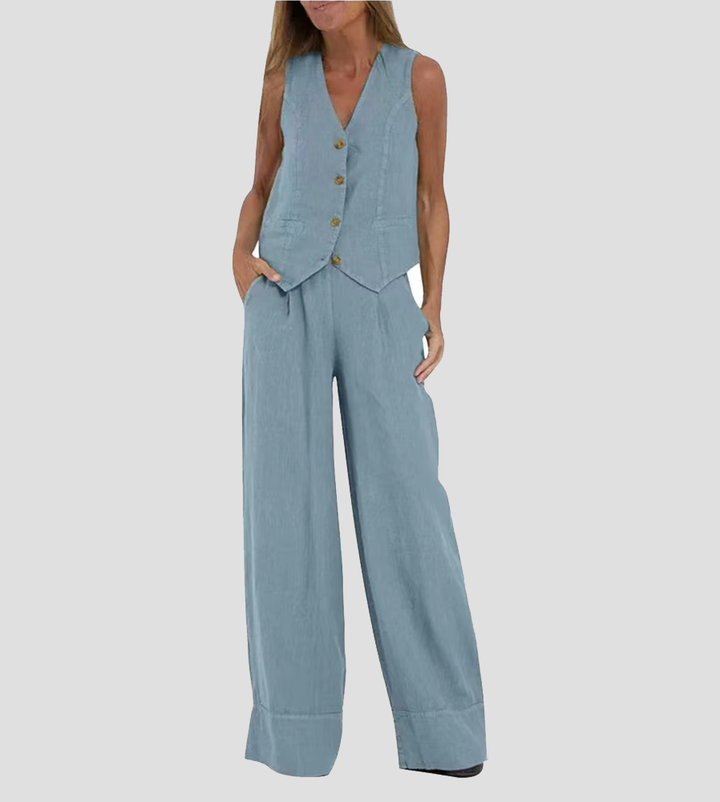 Aira - Buttoned Waistcoat & Wide Leg Trousers