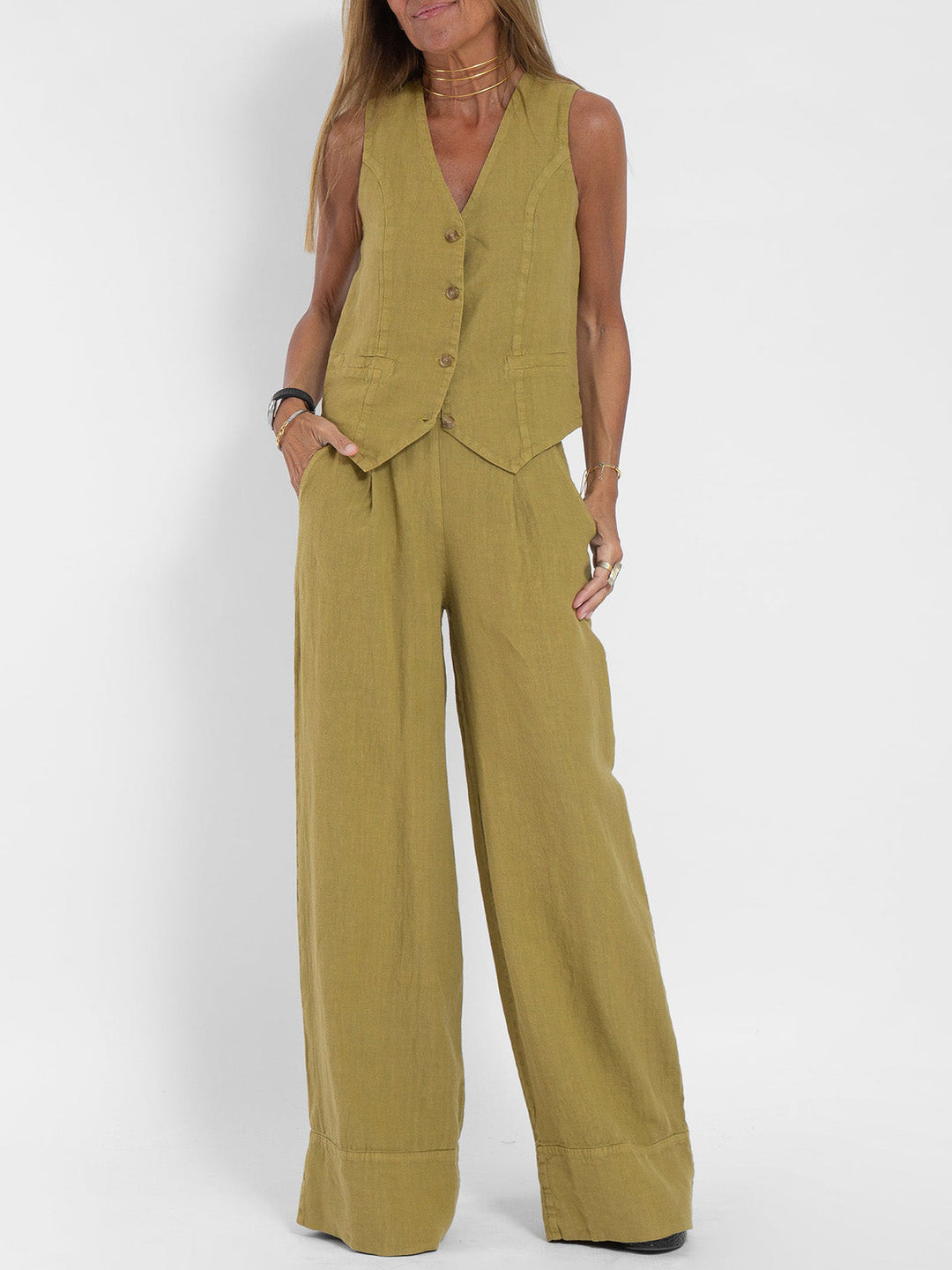 Aira - Buttoned Waistcoat & Wide Leg Trousers