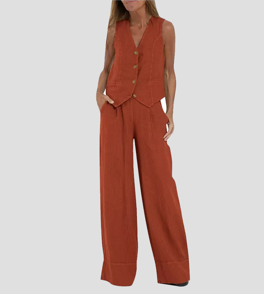 Aira - Buttoned Waistcoat & Wide Leg Trousers