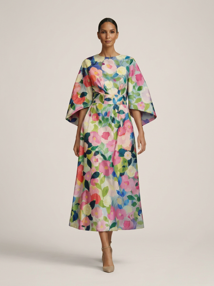Clementine floral midi summer dress with sculpted waist on beige studio background