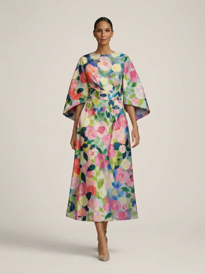 Clementine floral midi summer dress with sculpted waist on beige studio background