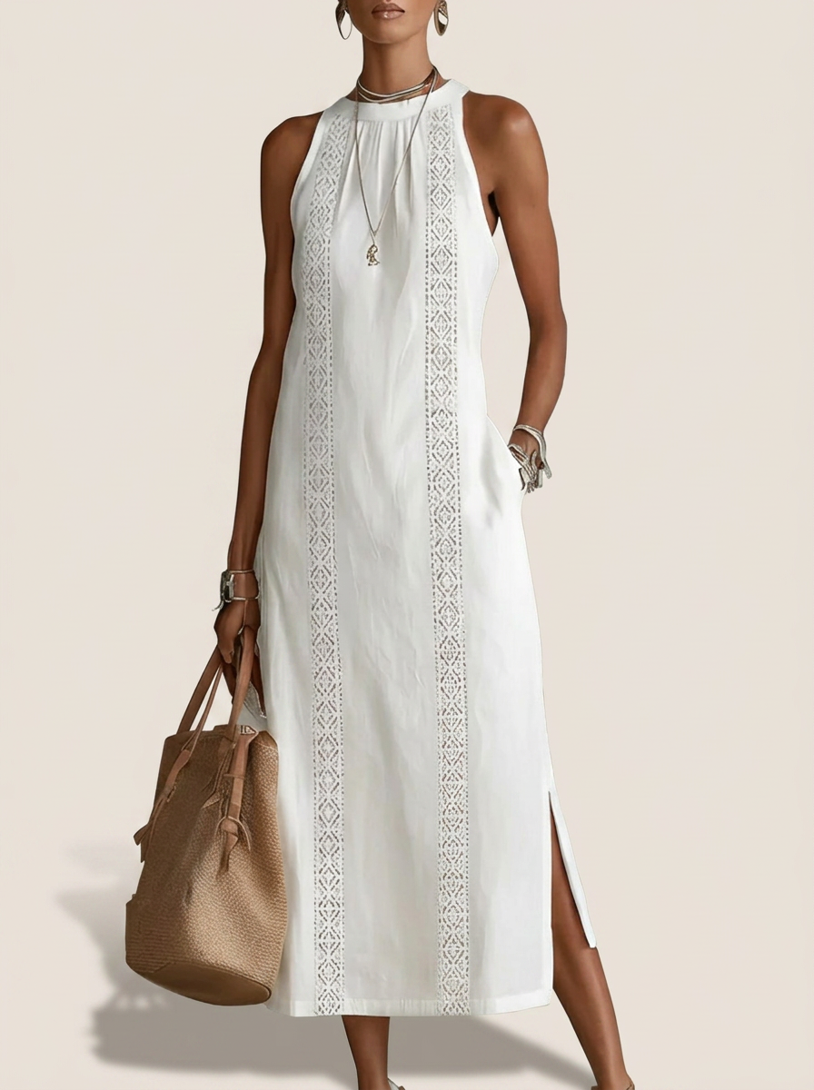 Jimena midi summer dress with stand-up collar on beige studio background