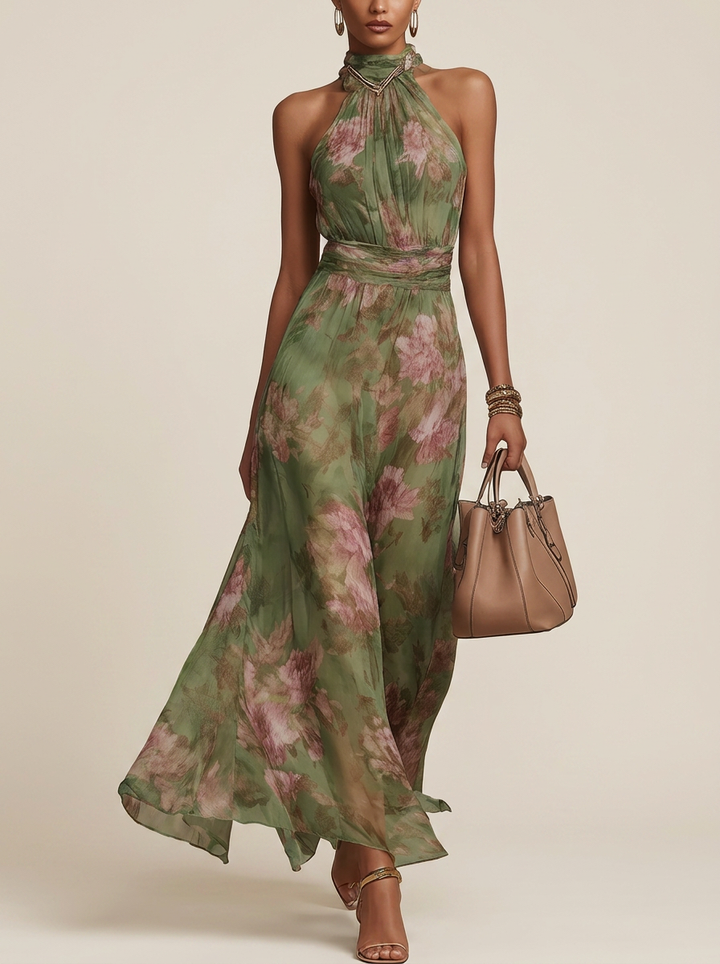 LIVIA | ELEGANT FLORAL HALTER MAXI DRESS